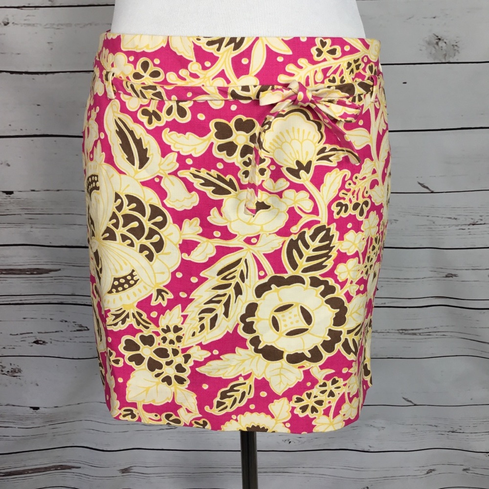 J. Crew Preppy Floral Print Skirt. Size 4. Hot Pink Yellow‎ Brown Career Summer